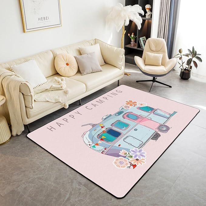 Erosebridal Camper Area Rug 3x5 Happy Camping Rug for Kids Girls Boys Cartoon Spring Floral RV Car Travel Carpet Cute Pink Blue Vintage Flowers Non Slip Decorative Rug