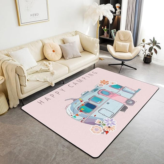 Erosebridal Camper Area Rug 3x5 Happy Camping Rug for Kids Girls Boys Cartoon Spring Floral RV Car Travel Carpet Cute Pink Blue Vintage Flowers Non Slip Decorative Rug