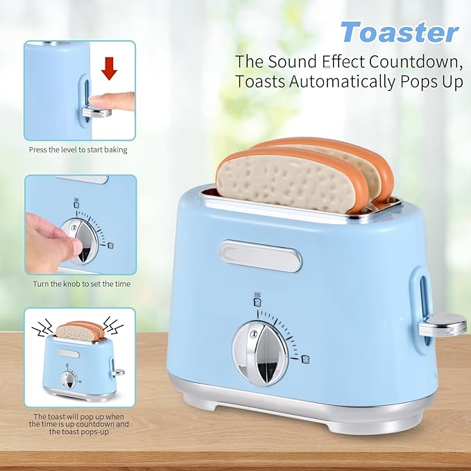 Pretend Play Kitchen Appliances Toy Set with Coffee Maker Machine, Mixer and Toaster, Play Kitchen Accessories with Sound & Light Birthday Gifts for Kids Age 3+ Boys and Girls