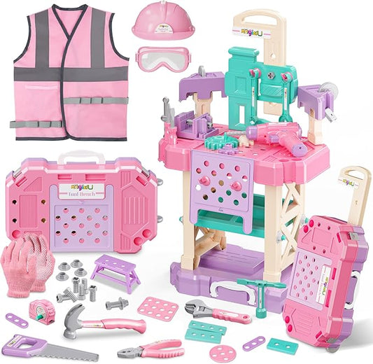 Kids Tool Bench Set,MAGIC4U 89PCS Toddler Tool Workbench with Electirc Drill 12 Tools Equipement,Safety Vest & Hat,Pretend Play Kids Construction Toys Gift for Girls Boys Age 3,4,5,6,7,8