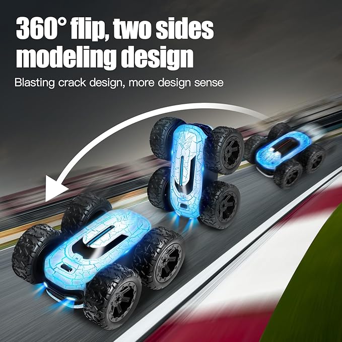 Remote Control Car for Kids 8-12, 360Rotating with 2 Batteries, Double-Sided RC Stunt Car Toy with LED Lights and Headlights