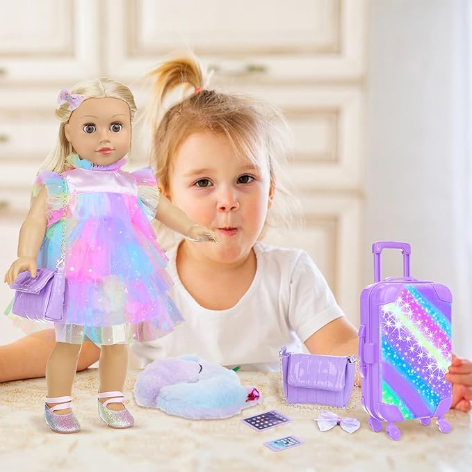 ZITA ELEMENT American 18 Inch Doll Suitcase and Clothes Accessories Set, 12 Pcs Doll Luggage Travel Play Set Fit for 18 Inch Girl Dolls (NO DOLL), Purple