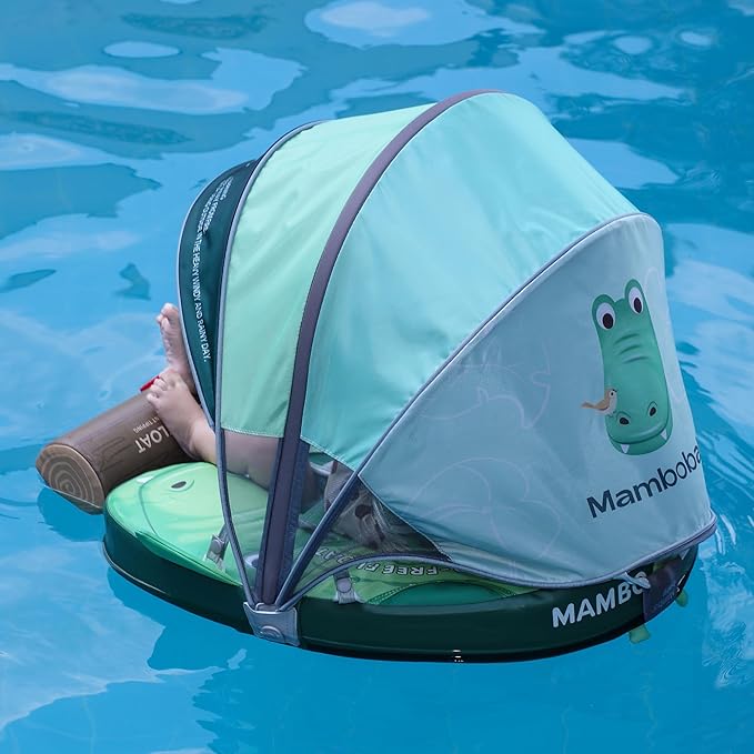 Mambobaby Float Add Tail Baby Swim Float with Canopy Solid Pool Infant Swim Trainer Swimming Training Lying Air Free Water Floats Non-Inflatable Waist Swim Ring for Toddlers (Crocodiles)