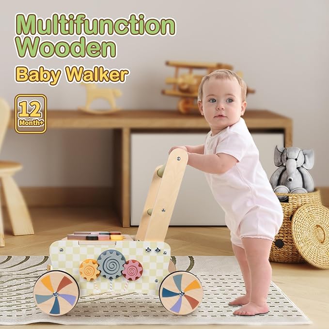 Baby Push Toys, Wooden Play Kitchen Food Cart, Montessori Acitivty Center Walker Toys for 1 2 Year Old Girl Boys Gifts