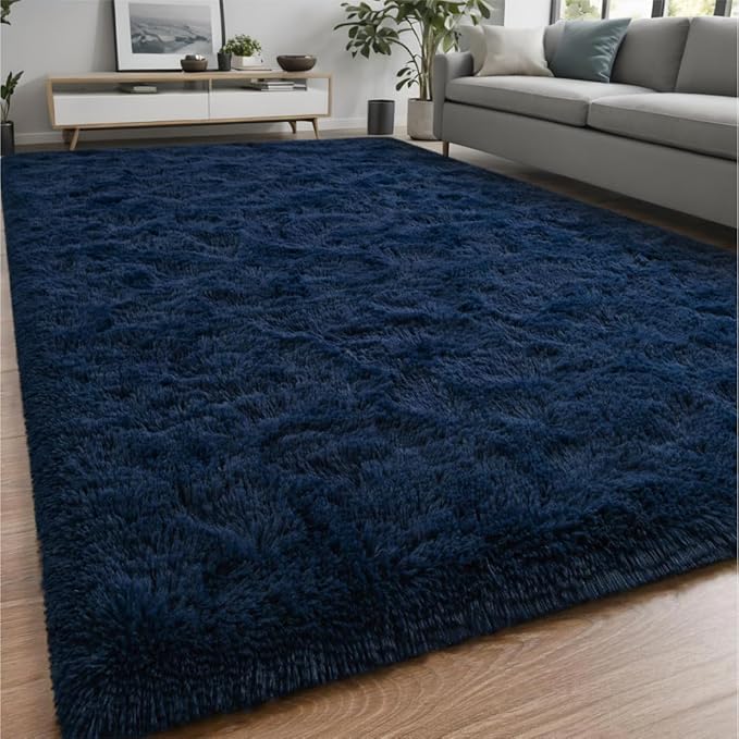 Nuttumico Large Fluffy Shag Area Rug for Living Room, 6x9 ft Navy Blue Fuzzy Plush Rugs for Kids Girls Boys Room, Nursery Dorm Room, Office, Luxury Home Decor