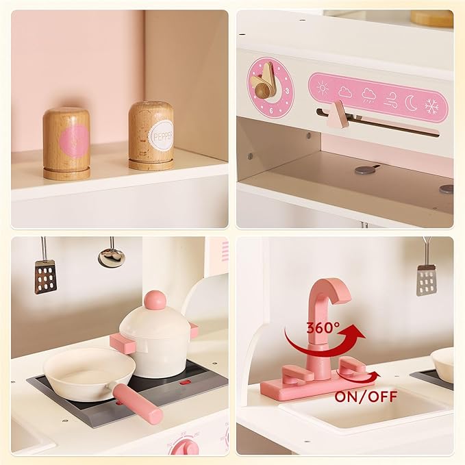 SainSmart Jr. Play Kitchen for Kids, Wooden Kitchen Playset with Lights & Sounds, Ice Maker, Oven & Sink, Trendy Home Style Toy Kitchen, Gift for 3+ Years