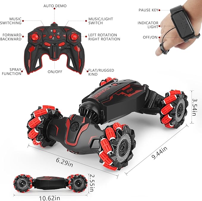 Gesture Sensing RC Stunt Car ，Hand Controlled, LED Lights, Music, 4WD, Double-Sided 360° Flips, Off-Road Twist Vehicle. Best Birthday Gift for Kids Ages 6-13, Boys' Toys.