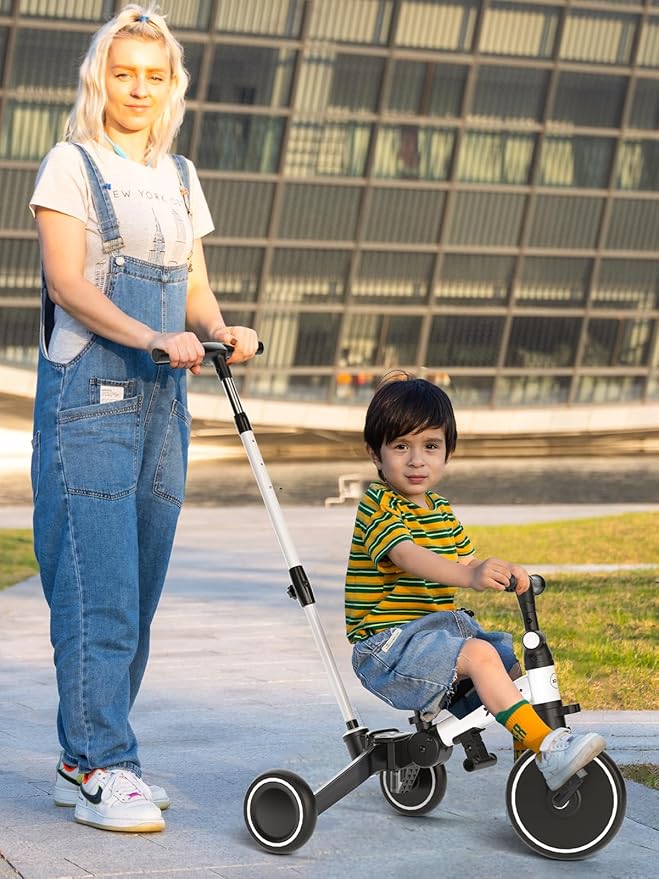 XJD Toddler Bike, 6 in 1 Folding Toddler Tricycle for 1-4 Year Old with Push Handle, Balance Bike with Removable Pedal,Backrest, Adjustable Seat Height and Handle, First Birthday Gifts (White)