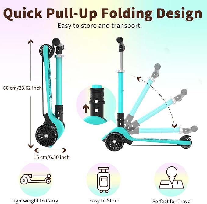 BELEEV A9 Kids Scooter with LED Light-Up Wheels & Deck, 3 Wheel Folding Scooter for Toddlers Girls Boys Ages 3-12, Adjustable Handlebar, Lean to Steer, Extra-Wide Wheels, Kick Scooter for Children