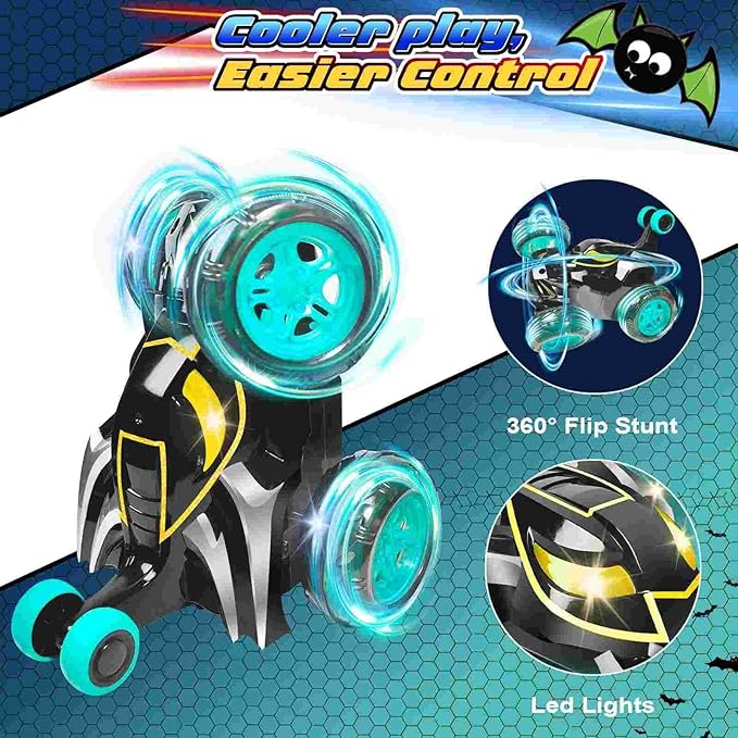 Kids Toys Bat RC Car for Boys 4-7 - Cool Bat Monster Remote Control Crawler Toy 360° Flip Fast Stunt & 4WD Light Up Wheel - Fun Boy Gift Idea for Birthday Chirstmas Stuff Age 3 4 5 6 7 8