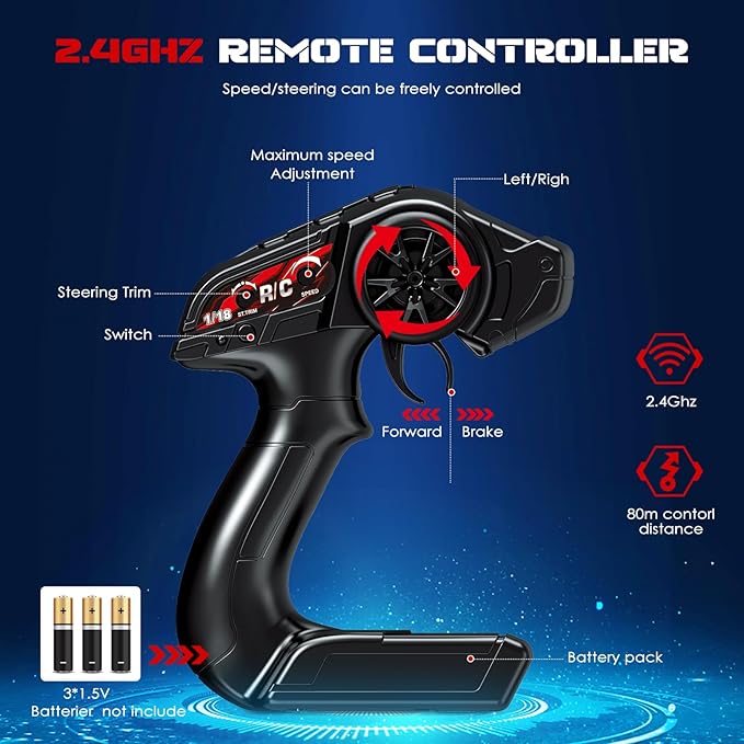 1:18 Scale RC Cars, 36 KM/H High Speed, 2.4 GHz Remote Control and 2 Rechargeable Batteries，4 Shock Absorbers, for Xmas (Red)