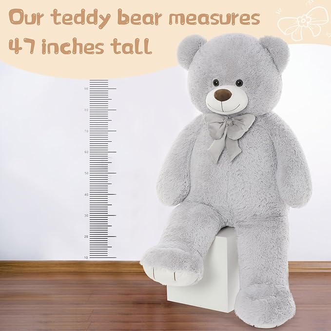 Tezituor Big Teddy Bear 47 Inches, Soft Giant Stuffed Animal Life Size 4 Feet Plush Bear Toy Valentines Christmas Birthday Gift for Girlfriend Kids,Grey