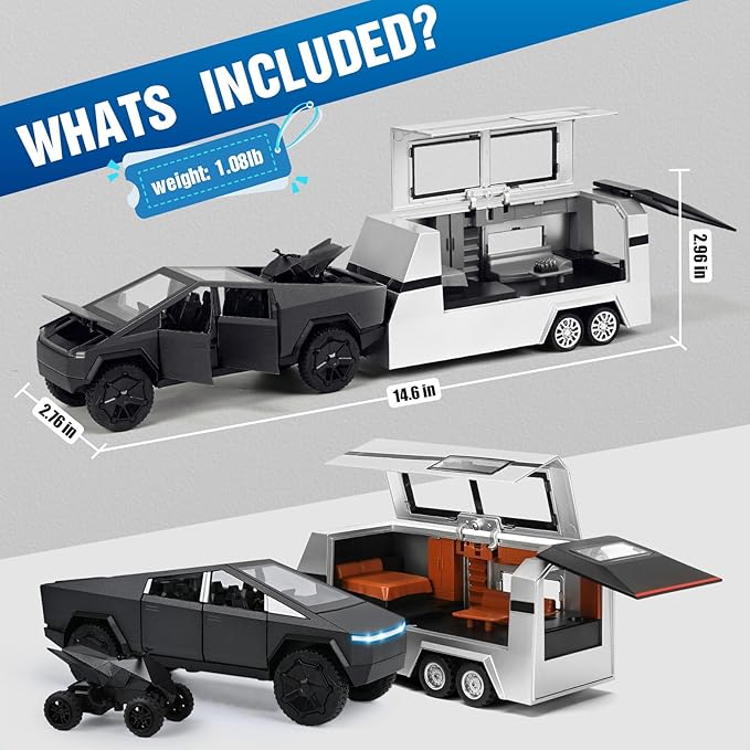 INGQU® Toy Car Alloy Diecast Pick-up Truck Model with RV & Motorcycle with Sound and Light Race Car Display Model Metal Pull-Back Vehicle 3-in-1 Camping Car Set Ideal Gift for Boys Kids Age for 3+