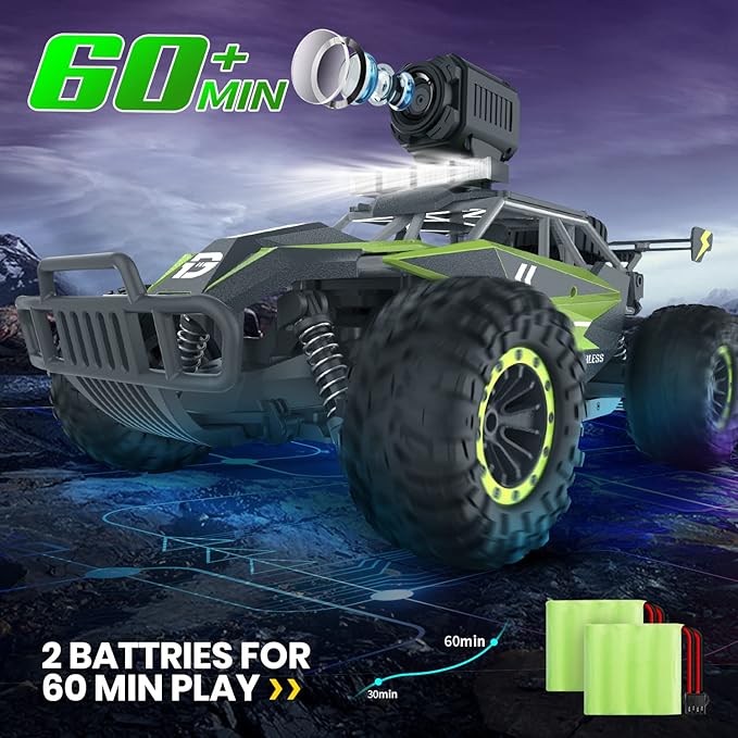 DEERC DE65 Remote Control Car with 1080P HD Camera,1:16 Scale RC Cars with LED Chassis Light&Headlights, 2.4Ghz High Speed Monster Truck Toy Vehicle, 2 Batteries for 60 Mins Play, Gift for Kids Boys
