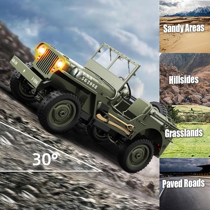 RC Military Truck Rock Crawler, 1:10 4WD Off-Road Remote Control Military Jeep with Winch, Canvas & 2 Batteries, 2.4G All Terrain Army Climbing Vehicle with LED Lights, for Kids Adult