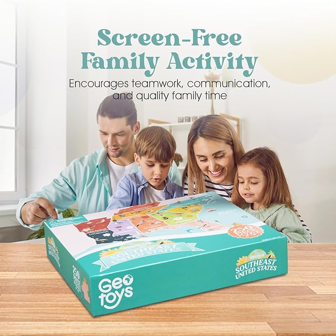 Geotoys Southeast Region Jigsaw Puzzle - 250 Piece Puzzle for Kids - Jigsaw Puzzles for Kids Ages 8-12 Years Old - Geography Puzzles with Colorful Landmarks, United States Flag and More