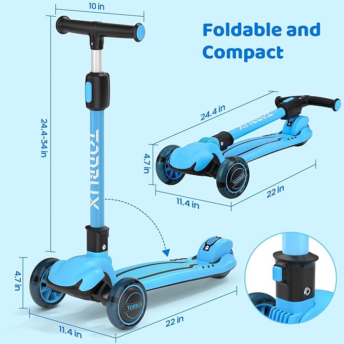 TONBUX Kids Scooter, Light Up 3 Wheel Kick Scooters for Kids 3-12, Folding Scooters with Adjustable Height - Toddler Scooter Lean-to-Steer & Widen Anti-Slip Deck
