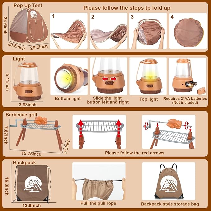 80PCS Kids Camping Toys Set with Play Tent Campfire Toys,Toy BBQ Grill Set,Pretend Cutting Play Food Set for Kid Kitchen, Indoor Outdoor Toys Pretend Playset for Toddler,Gifts for Boys Girls