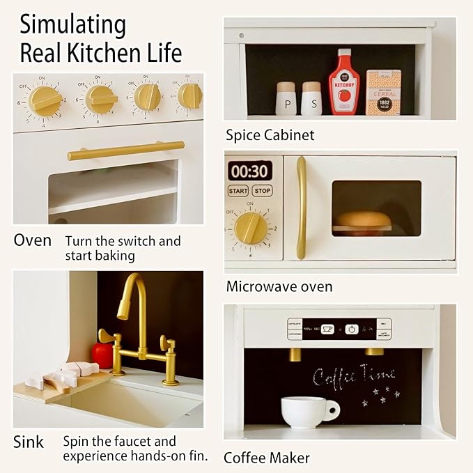 Wooden Play Kitchen for Kids with Various Interactive Kids Kitchen Toy Features and 19 Fun Toddler Kitchen Accessories, Toy Kitchen Playset for 3+ Boys and Girls