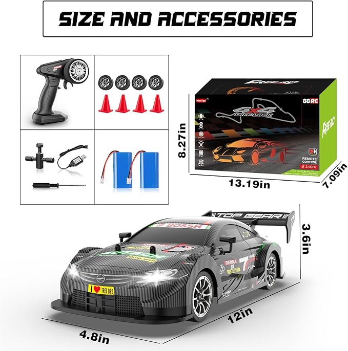 RC Drift Car 1:16, 2.4GHz 4WD 30+KM/H High Speed Remote Control Car with LED Lights Two Batteries and Drift Tires, Drifting RC Cars for Adults Boys Kids, Gray