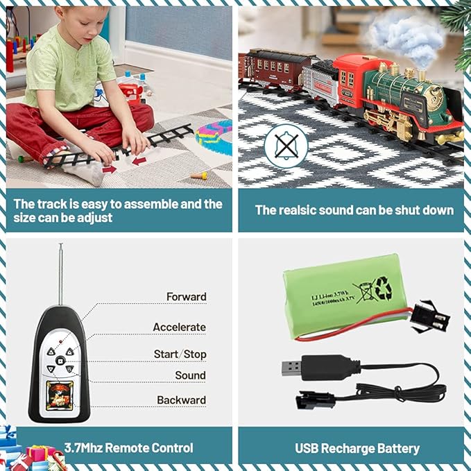 Remote Control Train Set - Electric R/C Train Toy for Kids w/Smokes,Lights & Sound,Railway Kits w/Steam Locomotive Engine,Cargo Cars & Tracks, Christmas Toys for 3 + Year Old Kids