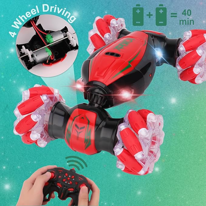 Gesture Sensing RC Stunt Car - Christmas Red, Best Birthday Gifts for Kids 6-12, Hand Remote Control Double Side Twist Cars Toys with Light Music, 4 WD Drift Off Road for Rotation