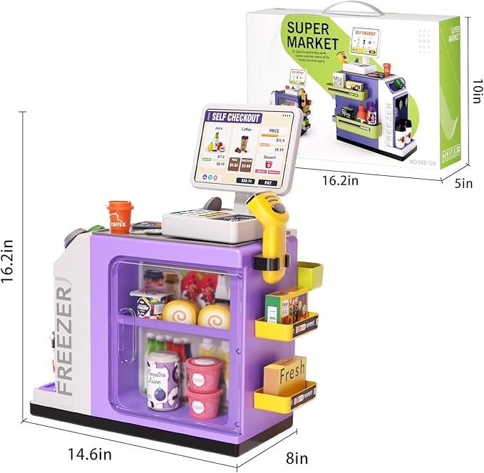 48-Piece Pretend Play Cash Register Toy Set for Kids with Water Outlet Function - Calculator, Shopping Bag, Scanners, Coffee Machine, Play Food - Gift for Boys and Girls Ages 3+ (Purple)