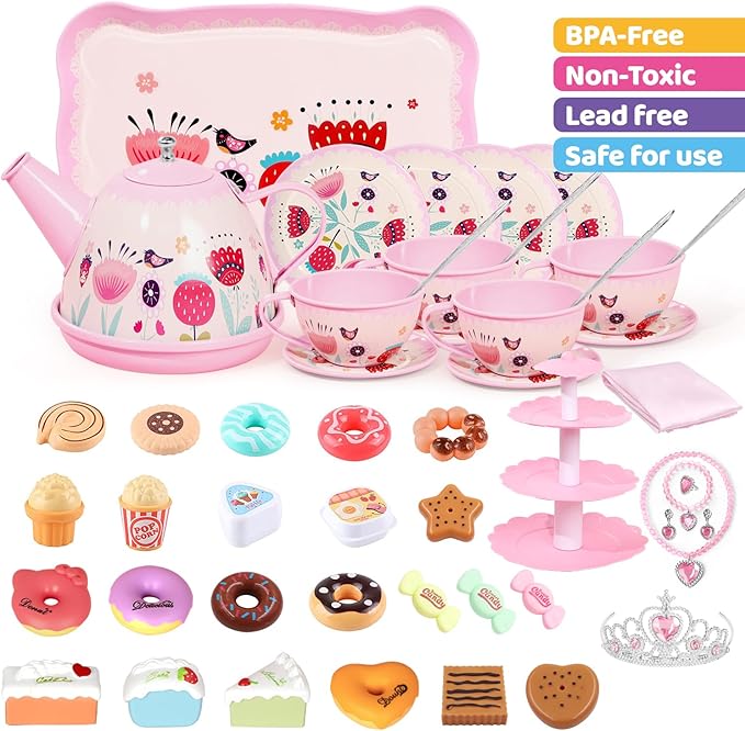Tea Party Set for Little Girls, 49PCS Princess Tea Time Toys Including Tea Set Dessert Carrying Case, Kids Kitchen Pretend Playset, Montessori Toys for Toddlers 3 - 8 Year Old Girl Birthday Gifts