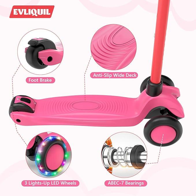 Kids Scooter,LED Lighted Wheels and 3 Adjustable Height Handlebars Scotters for Kids 3-12,3 Wheel Toddler Kick Scotter for Boys & Girls up to 132 Lbs.