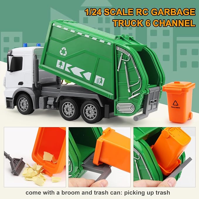 2.4Ghz Remote Control Garbage Truck Toy With Trash Bin and Real Lights - 1/24 Scale 6 Channel Rechargeable RC Recycling Truck Gift for Boys and Kids