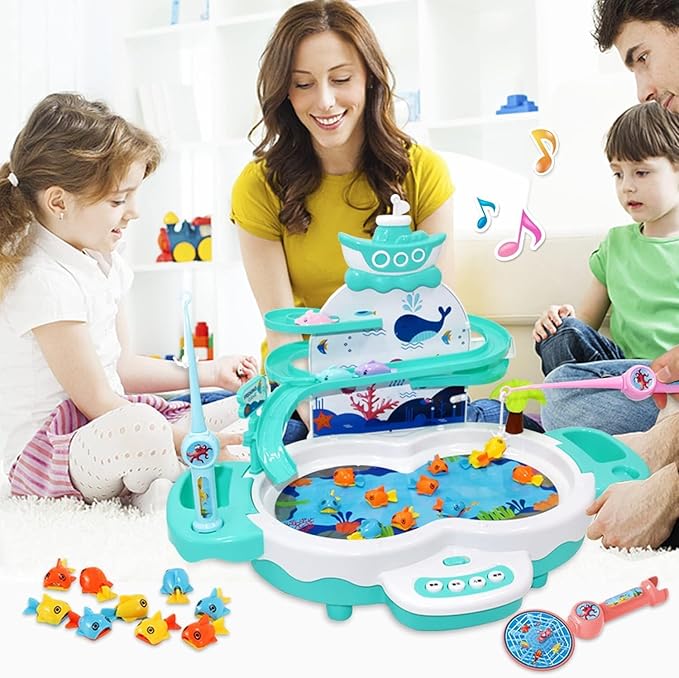 3in1 Fishing Game Toys for Kids with 34PCS Accessories Including Fishing Rod, Small Fish, Track, etc., STEM Toys with Music and Stories for Preschool Learning (Green)
