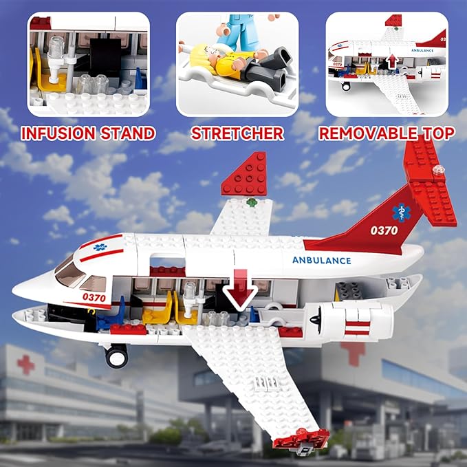 Sluban Rescue Plane Building Set with Ambulance Car, Stretcher and 4 Minifigures, City Airplane Hospital Vehicles Compatible with Lego Plane, Gift Idea for Kids, Girls and Boys Ages 6+, M38-B0370