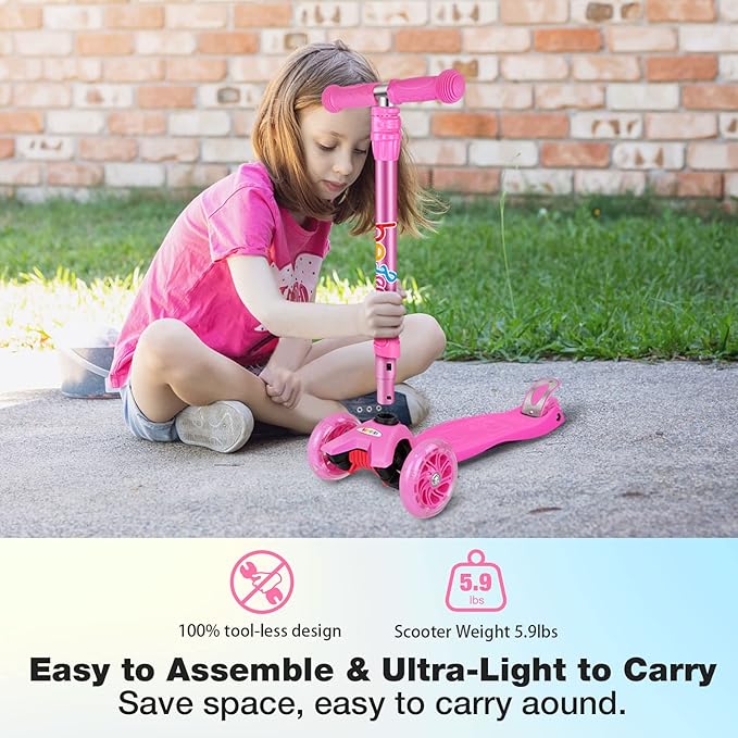 BELEEV A2 Scooters for Kids 3 Wheel Kick Scooter for Toddlers Girls Boys, 4 Adjustable Height, Lean to Steer, Light up Wheels, Extra-Wide Board, Easy to Assemble for Children Gift Sport Toys Ages 3-12