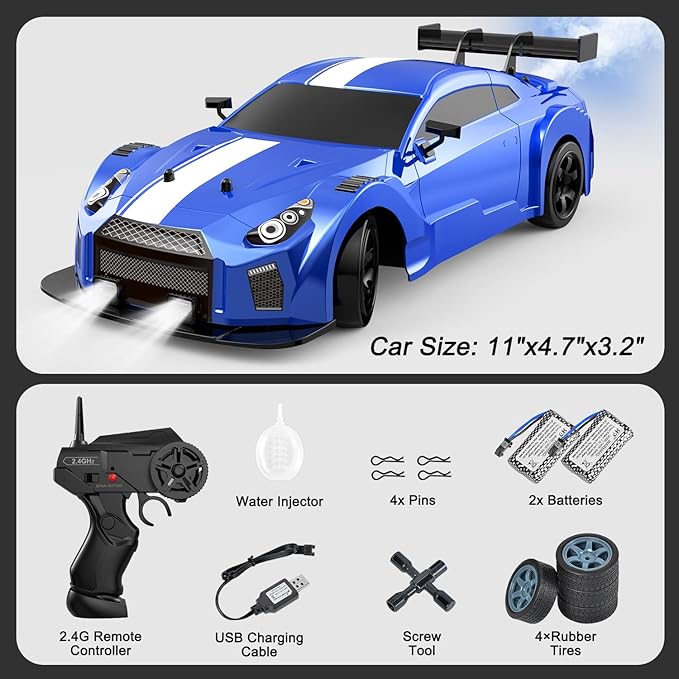 Dollox RC Drift Car 1/16 Scale Remote Control Car 2.4GHz 4WD High Speed 18+KM/H Vehicle with LED Lights and Spray, Extra Drifting Tires Racing Vehicle Toys Birthday Gifts for Adults Boys, 2 Batteries