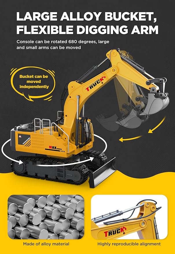 21" Large Remote Control Excavator Toy with Metal Bucket & Dozer Blade, 15-Channel RC Excavator Toys for Boys 6+ Kids Adults Construction Vehicles Christmas Birthday Gift, 120+Mins/Spray/Sound/Light