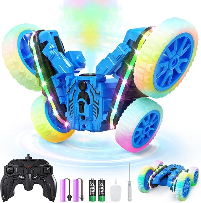 Remote Control Car,RC Cars with Sides Light and Headlights,360°Rotating 4WD Spray RC Stunt Car,2.4Ghz All Terrain Toy Car for Boys Age 4-7 Kids Toy for 8-12 Boys Girls Birthday Gift(Blue)