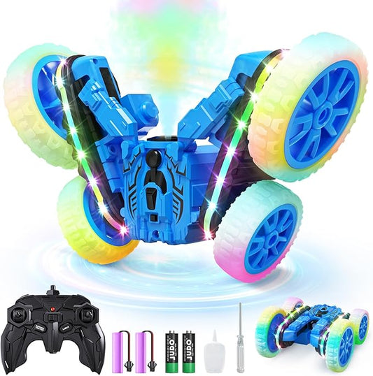 Remote Control Car,RC Cars with Sides Light and Headlights,360°Rotating 4WD Spray RC Stunt Car,2.4Ghz All Terrain Toy Car for Boys Age 4-7 Kids Toy for 8-12 Boys Girls Birthday Gift(Blue)
