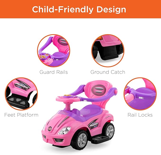 Best Choice Products Kids 3-in-1 Push and Pedal Car Toddler Ride On w/Handle, Horn, Music - Pink