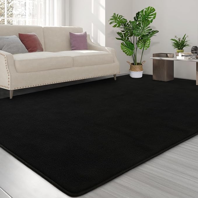 FlyDOIT Area Rugs for Bedroom Living Room, 7x10 Black Super Soft Comfy Thickened Memory-Foam Indoor Carpets, Modern Aesthetic Minimalist Carpet for Boys Girls Adults Apartment Nursery Home Décor
