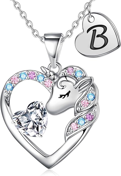 Necklace for Girls Kids Gifts - Colorful CZ Heart Initial Necklaces Unicorn Necklace for Girls Jewelry Birthday Graduation Gifts for Little Girl Kids