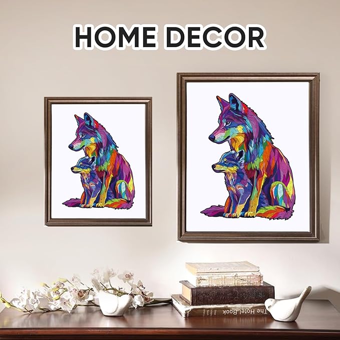 Colorful Wolf Family 200 Pieces Wooden Jigsaw Puzzles for Adults Unique Irregular Shape Fun Challenging Animal Puzzles for Kids and Couples on Birthday,Children’s Day,Christmas 9.4"*13"