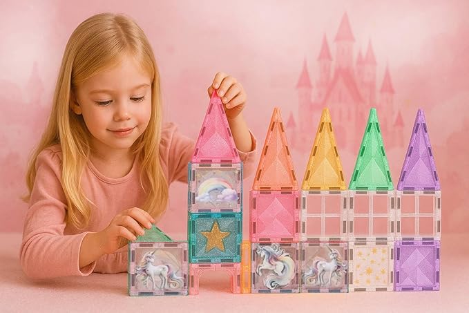 Glitter Unicorn Pony Magnetic Tiles: Building Blocks Toys for Kids - Hearts, Stars, Rainbow Castle Playset for Creative Kids, STEM Frozen Princess Birthday Gift for Girls Ages 3 4 5 6 7 8 and Up
