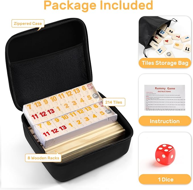 Rummy Cube 8 Player Edition with 8 Wooden Racks/Trays, 214 Large Numbers Rummy Tiles 6-8 Players Set with Zippered Case, Rummy Travel Game Set with 8 Tiles Holders for Family Adults Kids