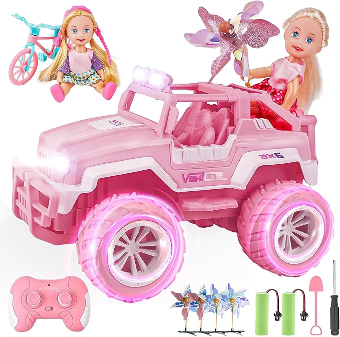 BEZGAR Remote Control Car for Girls - 1:16 Pink RC Cars with 2 Dolls & 4 Windmills, 2.4GHz with LED Lights, 80 Mins Play with Rechargeable Battery, Monster Truck Jeep Toys Birthday Gifts for Kids
