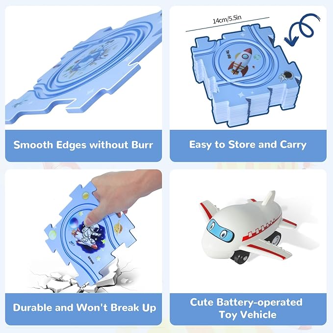 Plastic Floor Puzzles for Kids with Airplane Toy Car, Puzzle Track Car Play Set, Educational Toys for 2 3 4 5 6 Year Old Boys, 2 3 4 5 6 Year Old Boy Birthday Gift, Kids Toys Boys 3-5