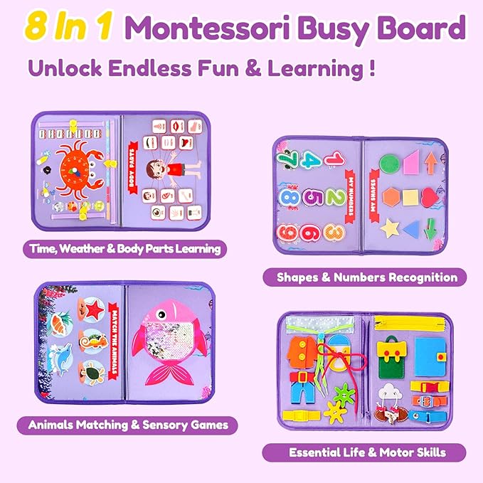Qizfun Busy Board Montessori Toys for 1 2 3 4 Year Old, Educational Sensory Preschool Learning Toys for Toddlers 1-3, Car & Airplane Travel Activities Toys for Kids Ages 2-4, Girl Birthday Gift
