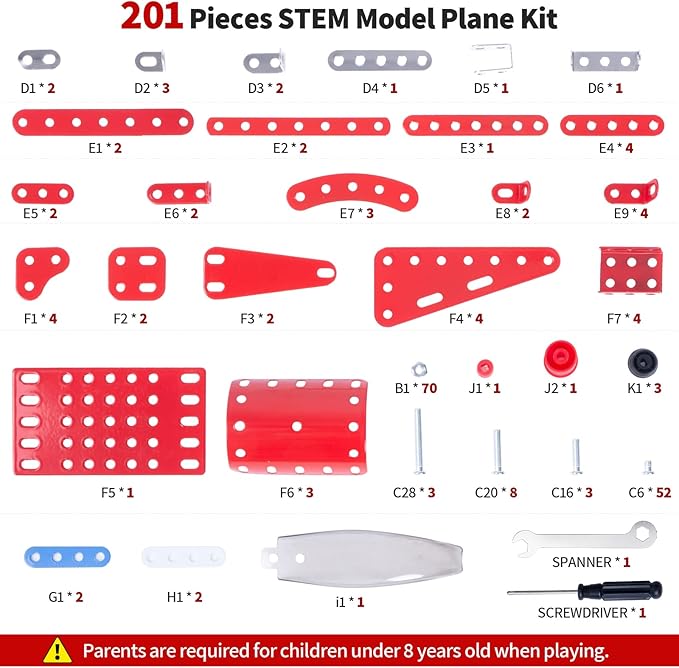 STEM Assembled Model Plane Kit Building Toy, 201 Pieces STEM Projects Airplane Building Kits for Kids Age 8-12, STEM Educational Model Kit Gifts for Teenage Boys & Girls 8+, Red, 7*9*3 inch