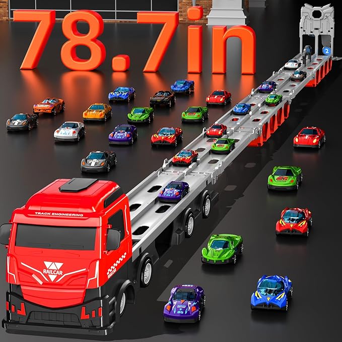 Racing Car Railway Truck Toy for Boys 2 3 4 5 6 7 Years Old - 78.7-inch Transport Carrier Trucks, Foldable Tracks Storage, die-cast Car, for Toddlers and Kids Aged 3-5