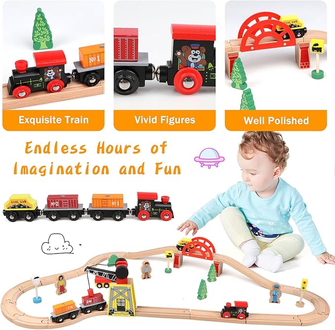 Qilay Wooden Train Set for Toddler - 39 Pcs Wooden Train Tracks with Crane, Bridge & 5 Wooden Trains - Train Toys for 3,4,5 Year Old Boys & Girls - Fit All Major Bands Train Tracks Set