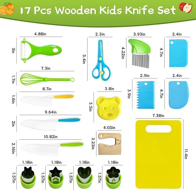 17 Pieces Kids Safe Knife Set for Real Cooking Child-Friendly Plastic Chef Tools Montessori Kitchen Toys for Toddlers with Bright Colors Gifts for Boys and Girls